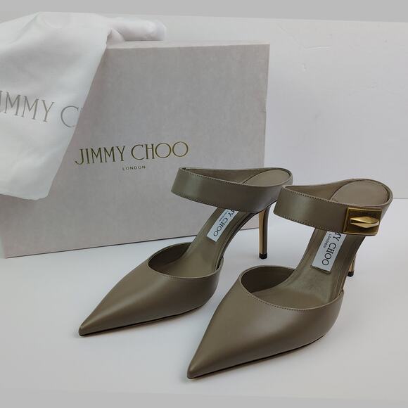 Jimmy Choo Nell 85 Leather Heeled Mule Sandal Size IT 38 Taupe - Picture 1 of 15